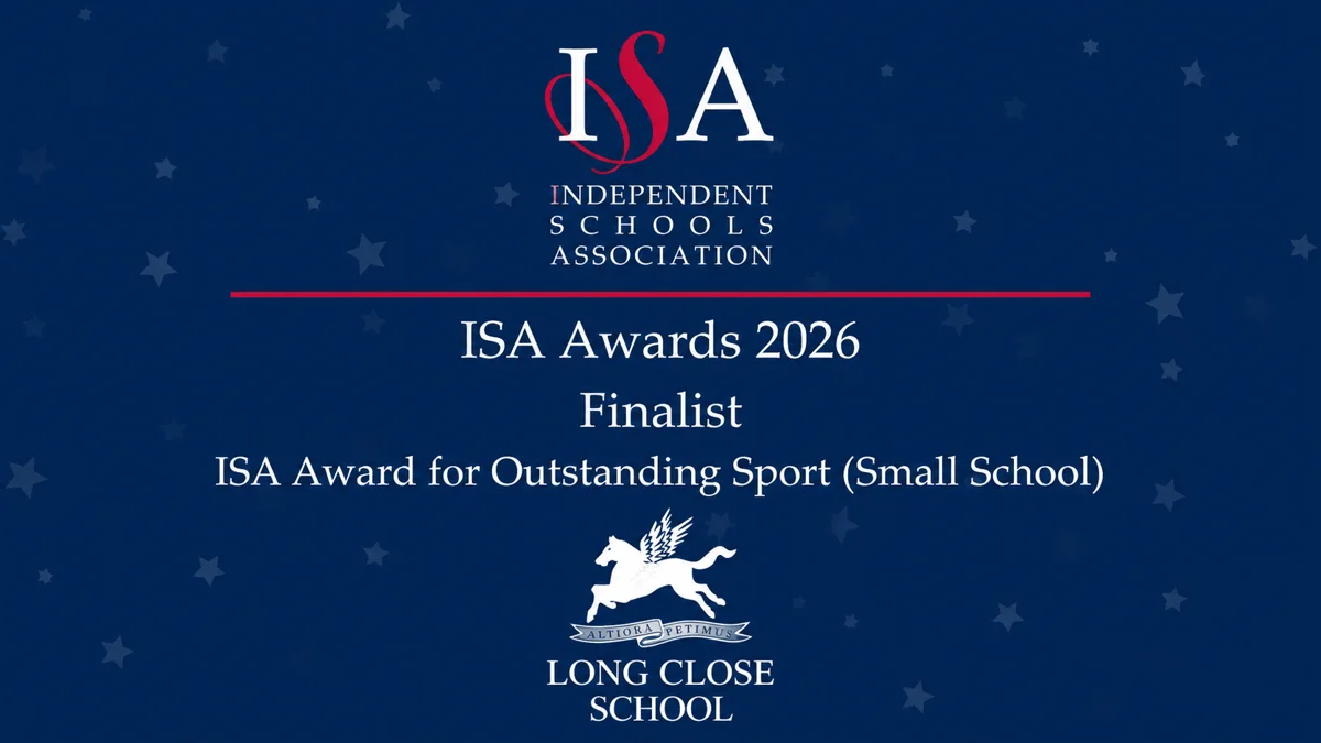 ISA Awards 2026 finalist card for Long Close School in the ISA Award for Outstanding Sport (Small School), with the school's Pegasus crest.